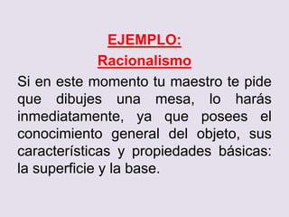 EJEMPLO:
Racionalismo
Si en este momento tu maestro te pide
que dibujes una mesa, lo harás
inmediatamente, ya que posees el
conocimiento general del objeto, sus
características y propiedades básicas:
la superficie y la base.
 