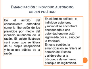 Emancipación : individuo autónomo  orden político En el ámbito político;  el individuo autónomoy racional se encontrará encadenado a una autoridad que no está legitimada por el, sino por la tradición.En este sentido, la emancipación se refiere al dominio del Estadoy al derecho, a la búsqueda de un nuevo principio de legitimidad.En el ámbito del conocimiento entendido como la liberación de los prejuicios por medio del ejercicio autónomo de la razón. El sujeto ilustrado será aquel que se libera de su propia incapacidad y hace uso público de la razón