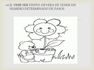  2) DEBE SER FINITO: DEVERA DE TENER UN 
NUMERO DETERMINADO DE PASOS. 
 
 