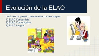 Evolución de la ELAO
La ELAO ha pasado básicamente por tres etapas:
1) ELAO Conductista
2) ELAO Comunicativa
3) ELAO Integral.
 