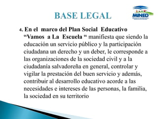 4.   En el marco del Plan Social Educativo
     “Vamos a La Escuela “ manifiesta que siendo la
     educación un servicio público y la participación
     ciudadana un derecho y un deber, le corresponde a
     las organizaciones de la sociedad civil y a la
     ciudadanía salvadoreña en general, controlar y
     vigilar la prestación del buen servicio y además,
     contribuir al desarrollo educativo acorde a las
     necesidades e intereses de las personas, la familia,
     la sociedad en su territorio
 