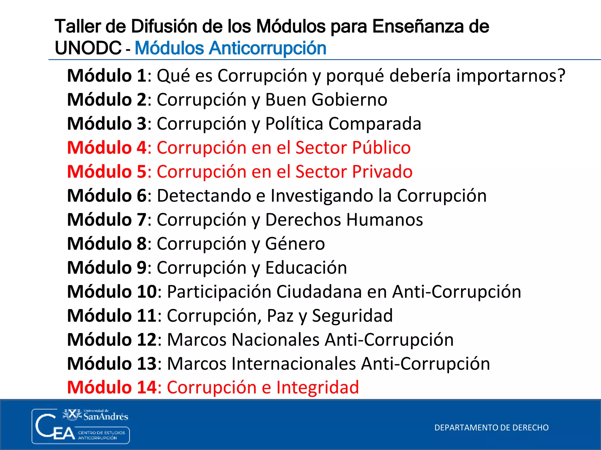 DEPARTAMENTO DE DERECHO
Taller de Difusión de los Módulos para Enseñanza de
UNODC - Módulos Anticorrupción
Módulo 1: Qué es Corrupción y porqué debería importarnos?
Módulo 2: Corrupción y Buen Gobierno
Módulo 3: Corrupción y Política Comparada
Módulo 4: Corrupción en el Sector Público
Módulo 5: Corrupción en el Sector Privado
Módulo 6: Detectando e Investigando la Corrupción
Módulo 7: Corrupción y Derechos Humanos
Módulo 8: Corrupción y Género
Módulo 9: Corrupción y Educación
Módulo 10: Participación Ciudadana en Anti-Corrupción
Módulo 11: Corrupción, Paz y Seguridad
Módulo 12: Marcos Nacionales Anti-Corrupción
Módulo 13: Marcos Internacionales Anti-Corrupción
Módulo 14: Corrupción e Integridad
 