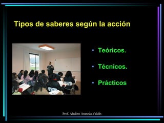 Tipos de saberes según la acción  Teóricos. Técnicos. Prácticos 