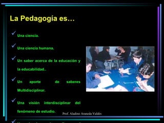 La Pedagogía es… Una ciencia. Una ciencia humana. Un saber acerca de la educación y la educabilidad.. Un aporte  de saberes Multidisciplinar. Una visión interdisciplinar del fenómeno de estudio. Una ciencia en desarrollo por el aporte de las cs. Fundamentales, Auxiliares e Instrumentales. 
