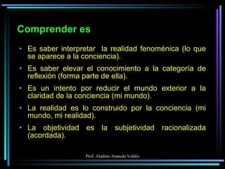 Comprender es Es saber interpretar  la realidad fenoménica (lo que se aparece a la conciencia). Es saber elevar el conocimiento a la categoría de reflexión (forma parte de ella). Es un intento por reducir el mundo exterior a la claridad de la conciencia (mi mundo). La realidad es lo construido por la conciencia (mi mundo, mi realidad). La objetividad es la subjetividad racionalizada (acordada). 