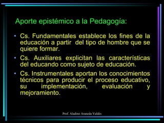 Aporte epistémico a la Pedagogía: Cs. Fundamentales establece los fines de la educación a partir  del tipo de hombre que se quiere formar. Cs. Auxiliares explicitan las características del educando como sujeto de educación. Cs. Instrumentales aportan los conocimientos técnicos para producir el proceso educativo, su implementación, evaluación y mejoramiento. 