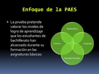  La prueba pretende
  valorar los niveles de               Matemática
  logro de aprendizaje
  que los estudiantes de
  bachillerato han
                           Ciencia                       Lenguaje
  alcanzado durante su
  formación en las
  asignaturas básicas:
                                     Estudios Sociales
 
