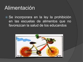 Alimentación
 Se incorporara en la ley la prohibición
en las escuelas de alimentos que no
favorezcan la salud de los educandos
 