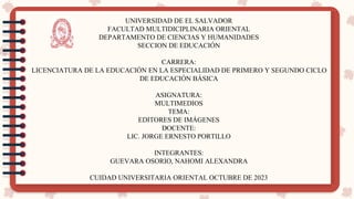 UNIVERSIDAD DE EL SALVADOR
FACULTAD MULTIDICIPLINARIA ORIENTAL
DEPARTAMENTO DE CIENCIAS Y HUMANIDADES
SECCION DE EDUCACIÓN
CARRERA:
LICENCIATURA DE LA EDUCACIÓN EN LA ESPECIALIDAD DE PRIMERO Y SEGUNDO CICLO
DE EDUCACIÓN BÁSICA
ASIGNATURA:
MULTIMEDIOS
TEMA:
EDITORES DE IMÁGENES
DOCENTE:
LIC. JORGE ERNESTO PORTILLO
INTEGRANTES:
GUEVARA OSORIO, NAHOMI ALEXANDRA
CUIDAD UNIVERSITARIA ORIENTAL OCTUBRE DE 2023
 