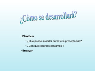 Planificar ¿Qué puede suceder durante la presentación? ¿Con qué recursos contamos ? Ensayar ¿Cómo se desarrollará? 