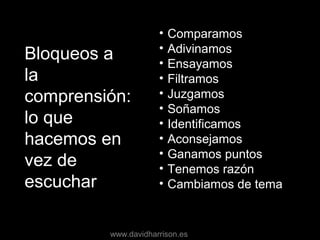 Bloqueos aBloqueos a
lala
comprensión:comprensión:
lo quelo que
hacemos enhacemos en
vez devez de
escucharescuchar
• Comparamos
• Adivinamos
• Ensayamos
• Filtramos
• Juzgamos
• Soñamos
• Identificamos
• Aconsejamos
• Ganamos puntos
• Tenemos razón
• Cambiamos de tema
www.davidharrison.es
 