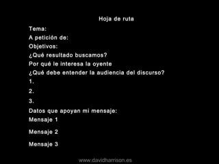 Hoja de ruta
Tema:
A petición de:
Objetivos:
¿Qué resultado buscamos?
Por qué le interesa la oyente
¿Qué debe entender la audiencia del discurso?
1.
2.
3.
Datos que apoyan mi mensaje:
Mensaje 1
Mensaje 2
Mensaje 3
www.davidharrison.es
 