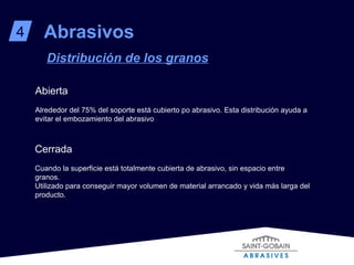 Abierta Alrededor del 75% del soporte está cubierto po abrasivo. Esta distribución ayuda a evitar el embozamiento del abrasivo Distribución de los granos 4 Abrasivos Cerrada Cuando la superficie está totalmente cubierta de abrasivo, sin espacio entre granos. Utilizado para conseguir mayor volumen de material arrancado y vida más larga del producto. 
