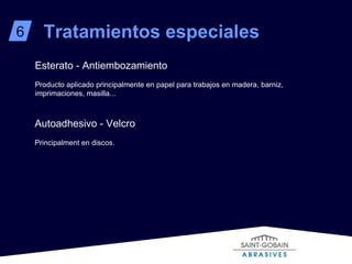 Esterato - Antiembozamiento Producto aplicado principalmente en papel para trabajos en madera, barniz, imprimaciones, masilla... 6 Tratamientos especiales Autoadhesivo - Velcro Principalment en discos.  