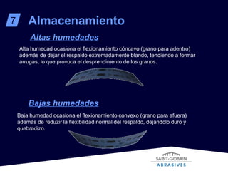 Alta humedad ocasiona el flexionamiento cóncavo (grano para adentro) además de dejar el respaldo extremadamente blando, tendiendo a formar arrugas, lo que provoca el desprendimento de los granos. 7 Almacenamiento Altas humedades Baja humedad ocasiona el flexionamiento convexo (grano para afuera) además de reduzir la flexibilidad normal del respaldo, dejandolo duro y quebradizo. Bajas humedades 