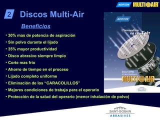 2 Discos Multi-Air Beneficios 30% mas de potencia de aspiración Sin polvo durante el lijado 35% mayor productividad Disco abrasivo siempre limpio Corte mas frío Ahorro de tiempo en el proceso  Lijado completo uniforme Eliminación de los “CARACOLILLOS” Mejores condiciones de trabajo para el operario Protección de la salud del operario (menor inhalación de polvo) 