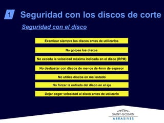 1 Seguridad con los discos de corte Seguridad con el disco Examinar siempre los discos antes de utilizarlos No golpee los discos No exceda la velocidad máxima indicada en el disco (RPM) No utilice discos en mal estado No forzar la entrada del disco en el eje Dejar coger velocidad al disco antes de utilizarlo No desbastar con discos de menos de 4mm de espesor 