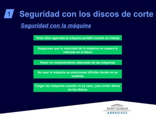 1 Seguridad con los discos de corte Seguridad con la máquina Asegurese que la velocidad de la máquina no supere la indicada en el disco Hacer un mantenimiento adecuado de las máquinas Colgar las máquinas cuando no se usen, para evitar daños en los discos Tener bien agarrada la máquina portátil cuando se trabaja No usar la máquina en posiciones difíciles donde no se controle 
