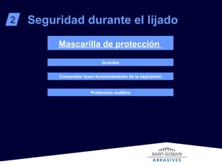 2 Seguridad durante el lijado Guantes Comprobar buen funcionamiento de la aspiración Mascarilla de protección   Protección auditiva 