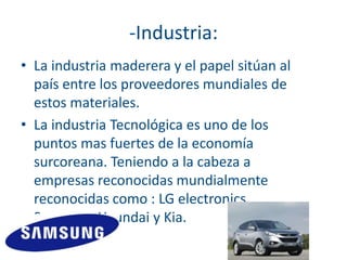 -Industria:Laindustria maderera y el papel sitúan al país entre los proveedores mundiales de estos materiales.La industria Tecnológica es uno de los puntos mas fuertes de la economía surcoreana. Teniendo a la cabeza a empresas reconocidas mundialmente reconocidas como : LG electronics, Samsung, Hyundai y Kia.