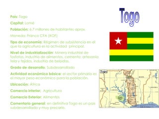 PAÍS: Sierra leona   CAPITAL: Freetown  POBLACIÓN: MONEDA: Leone TIPO DE ECONOMÍA: La agricultura, La pesca  NIVEL DE INDUSTRIALIZACIÓN: La industria se reduce al procesado de materias primas y a la industria ligera dirigida al mercado doméstico. GRADO  DE DESARROLLO: No tiene un grado de desarrollo         cuenta con una distribución de la riqueza bastante desigual por que los ingresos no son bien distribuidos  ACTIVIDADES ECONÓMICAS BÁSICAS: Extracciones de materias primas COMERCIO INTERIOR:  La agricultura, La pesca COMERCIO EXTERIOR: alimentos, combustible y maquinaria                                            y el diamante   COMENTARIO GENERAL: Es un país sub desarrollado lo cual depende de                                                 de ayuda de otros países y además se 