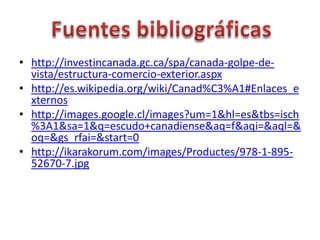 Fuentes bibliográficashttp://investincanada.gc.ca/spa/canada-golpe-de-vista/estructura-comercio-exterior.aspxhttp://es.wikipedia.org/wiki/Canad%C3%A1#Enlaces_externoshttp://images.google.cl/images?um=1&hl=es&tbs=isch%3A1&sa=1&q=escudo+canadiense&aq=f&aqi=&aql=&oq=&gs_rfai=&start=0http://ikarakorum.com/images/Productes/978-1-895-52670-7.jpg