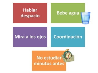Hablar
despacio
Bebe agua
Mira a los ojos Coordinación
No estudiar
minutos antes
 