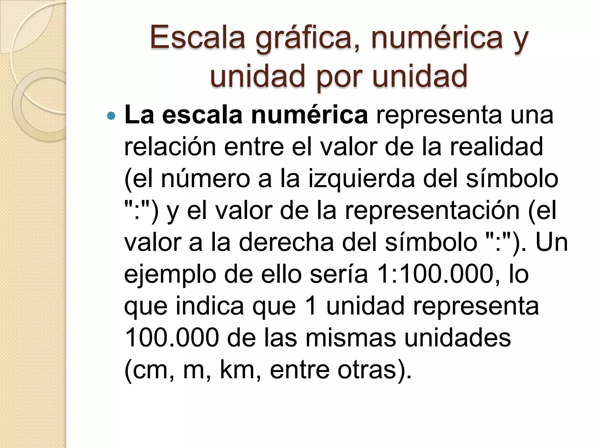 Esta relación necesariamente tiene que ser numérica, para lo cual se pueden usar valores en metros de la realidad y centímetros en el dibujo, o bien pasos de la realidad y centímetros del dibujoLa escala se refiere al modo como percibimos el tamaño de un elemento constructivo respecto a las formas restantes. Tiene dos categorías. Escala genérica: Dimensión de un elemento constructivo respecto a otras formas de un contexto. 