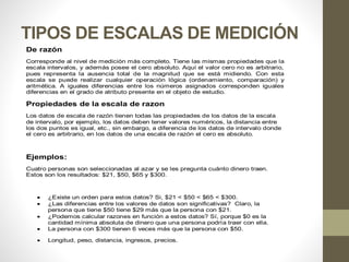 TIPOS DE ESCALAS DE MEDICIÓN
De razón
Corresponde al nivel de medición más completo. Tiene las mismas propiedades que la
escala intervalos, y además posee el cero absoluto. Aquí el valor cero no es arbitrario,
pues representa la ausencia total de la magnitud que se está midiendo. Con esta
escala se puede realizar cualquier operación lógica (ordenamiento, comparación) y
aritmética. A iguales diferencias entre los números asignados corresponden iguales
diferencias en el grado de atributo presente en el objeto de estudio.
Propiedades de la escala de razon
Los datos de escala de razón tienen todas las propiedades de los datos de la escala
de intervalo, por ejemplo, los datos deben tener valores numéricos, la distancia entre
los dos puntos es igual, etc., sin embargo, a diferencia de los datos de intervalo donde
el cero es arbitrario, en los datos de una escala de razón el cero es absoluto.
Ejemplos:
Cuatro personas son seleccionadas al azar y se les pregunta cuánto dinero traen.
Estos son los resultados: $21, $50, $65 y $300.
 ¿Existe un orden para estos datos? Si, $21 < $50 < $65 < $300.
 ¿Las diferencias entre los valores de datos son significativas? Claro, la
persona que tiene $50 tiene $29 más que la persona con $21.
 ¿Podemos calcular razones en función a estos datos? Sí, porque $0 es la
cantidad mínima absoluta de dinero que una persona podría traer con ella.
 La persona con $300 tienen 6 veces más que la persona con $50.
 Longitud, peso, distancia, ingresos, precios.
 
