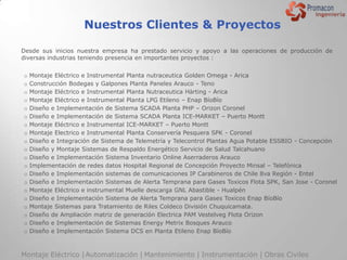 Nuestros Clientes & Proyectos

Desde sus inicios nuestra empresa ha prestado servicio y apoyo a las operaciones de producción de
diversas industrias teniendo presencia en importantes proyectos :


o   Montaje Eléctrico e Instrumental Planta nutraceutica Golden Omega - Arica
o   Construcción Bodegas y Galpones Planta Paneles Arauco - Teno
o   Montaje Eléctrico e Instrumental Planta Nutraceutica Härting - Arica
o   Montaje Eléctrico e Instrumental Planta LPG Etileno – Enap BíoBío
o   Diseño e Implementación de Sistema SCADA Planta PHP – Orizon Coronel
o   Diseño e Implementación de Sistema SCADA Planta ICE-MARKET – Puerto Montt
o   Montaje Eléctrico e Instrumental ICE-MARKET – Puerto Montt
o   Montaje Electrico e Instrumental Planta Conservería Pesquera SPK - Coronel
o   Diseño e Integración de Sistema de Telemetría y Telecontrol Plantas Agua Potable ESSBIO - Concepción
o   Diseño y Montaje Sistemas de Respaldo Energético Servicio de Salud Talcahuano
o   Diseño e Implementación Sistema Inventario Online Aserraderos Arauco
o   Implementación de redes datos Hospital Regional de Concepción Proyecto Minsal – Telefónica
o   Diseño e Implementación sistemas de comunicaciones IP Carabineros de Chile 8va Región - Entel
o   Diseño e Implementación Sistemas de Alerta Temprana para Gases Toxicos Flota SPK, San Jose - Coronel
o   Montaje Eléctrico e instrumental Muelle descarga GNL Abastible - Hualpén
o   Diseño e Implementación Sistema de Alerta Temprana para Gases Toxicos Enap BíoBío
o   Montaje Sistemas para Tratamiento de Riles Coldeco División Chuquicamata.
o   Diseño de Ampliación matriz de generación Electrica PAM Vestelveg Flota Orizon
o   Diseño e Implementación de Sistemas Energy Metrix Bosques Arauco
o   Diseño e Implementación Sistema DCS en Planta Etileno Enap BíoBío



Montaje Eléctrico | Automatización | Mantenimiento | Instrumentación | Obras Civiles
 