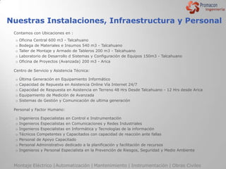 Nuestras Instalaciones, Infraestructura y Personal
 Contamos con Ubicaciones en :
  o   Oficina Central 600 m3 - Talcahuano
  o   Bodega de Materiales e Insumos 540 m3 - Talcahuano
  o   Taller de Montaje y Armado de Tableros 200 m3 - Talcahuano
  o   Laboratorio de Desarrollo d Sistemas y Configuración de Equipos 150m3 - Talcahuano
  o   Oficina de Proyectos (Avanzada) 200 m3 - Arica

 Centro de Servicio y Asistencia Técnica:

  o   Última Generación en Equipamiento Informático
  o   Capacidad de Repuesta en Asistencia Online Vía Internet 24/7
  o   Capacidad de Respuesta en Asistencia en Terreno 48 Hrs Desde Talcahuano - 12 Hrs desde Arica
  o   Equipamiento de Medición de Avanzada
  o   Sistemas de Gestión y Comunicación de ultima generación

 Personal y Factor Humano:

  o   Ingenieros Especialistas en Control e Instrumentación
  o   Ingenieros Especialistas en Comunicaciones y Redes Industriales
  o   Ingenieros Especialistas en Informática y Tecnologías de la información
  o   Técnicos Competentes y Capacitados con capacidad de reacción ante fallas
  o   Personal de Apoyo Capacitado
  o   Personal Administrativo dedicado a la planificación y facilitación de recursos
  o   Ingenieros y Personal Especialista en la Prevención de Riesgos, Seguridad y Medio Ambiente



 Montaje Eléctrico | Automatización | Mantenimiento | Instrumentación | Obras Civiles
 