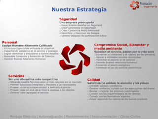 Nuestra Estrategia
                                                         Seguridad
                                                         Una empresa preocupada
                                                         o   Hacer propios desafíos en Seguridad
                                                         o   Crear Conciencia en Seguridad
                                                         o   Crear Conciencia Medio Ambiental
                                                         o   Identificar y Disminuir los Riesgos
                                                         o   Generar espacios de participación Activa


Personal
Equipo Humano Altamente Calificado                                                          Compromiso Social, Bienestar y
o   Estructura Especialista enfocada en objetivos                                           medio ambiente
o   Capacitación constante en el servicio y procesos                                        Vocación al servicio, pasión por la vida sana
o   Lograr identificar y anticiparse a nuevos desafíos                                      o   Fomentar la solidaridad y el respeto por las personas
o   Búsqueda Constante y Retención de Talentos                                              o   Apoyar a entidades sociales reconocidas
o   Generar Buenas Relaciones Humanas                                                       o   Fomentar el deporte en el personal
                                                                                            o   Generar buenas relaciones humanas
                                                                                            o   Fomentar el ahorro energético
                                                                                            o   Fomentar el uso de archivos electrónicos


       Servicios
       Ser una alternativa más competitiva                                          Calidad
       o   Situando nuestro Servicio como el más valorado por el mercado            Garantizar la calidad, la atención y los plazos
       o   Proveer Soluciones Integrales y Flexibles a las necesidades
                                                                                    o   Entregar calidad y excelencia
       o   Proveer un servicio especializado y dedicado al cliente
                                                                                    o   Generar confianza, cumplir con las expectativas del cliente
       o   Proveer ideas en post de la mejora continua a los clientes
                                                                                    o   Revisar y mejorar los procesos y actividades
       o   Generar valor agregado al servicio
                                                                                    o   Cumplir con los requerimientos de los clientes
                                                                                    o   Cumplir con las Normativas Vigentes
                                                                                    o   Actuar siguiendo los valores de las buenas practicas




         Montaje Eléctrico | Automatización | Mantenimiento | Instrumentación | Obras Civiles
 