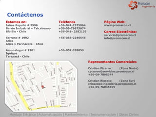 Contáctenos
Estamos en:                      Teléfonos                     Página Web:
Jaime Repullo # 2996             +56-041-2575064               www.promacon.cl
Barrio Industrial – Talcahuano   +56-09-76675674
Bío Bío - Chile                  +56-041- 2582136              Correo Electrónico:
                                                               servicio@promacon.cl
Serrano # 1992                   +56-058-2246546               info@promacon.cl
Arica
Arica y Parinacota – Chile

Amunategui # 1301                +56-057-338059
Iquique
Tarapacá - Chile

                                                     Representantes Comerciales

                                                     Cristian Pizarro     (Zona Norte)
                                                     cpizarro@servicios.promacon.cl
                                                     +56-09-7898344

                                                     Cristian Rioseco     (Zona Sur)
                                                     crioseco@ingenieria.promacon.cl
                                                     +56-09-76035859




  Montaje Eléctrico | Automatización | Mantenimiento | Instrumentación | Obras Civiles
 