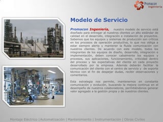 Modelo de Servicio
                                     Promacon Ingeniería,             nuestro modelo de servicio está
                                     diseñado para entregar al nuestros clientes un alto estándar de
                                     calidad en el desarrollo, integración e instalación de proyectos.
                                     Sabemos que los equipos y sistemas de producción son críticos
                                     en los procesos de operación productiva, lo que nos obliga a
                                     estar siempre alerta y mantener la fluida comunicación con
                                     nuestros clientes. De acuerdo con este modelo, todos los
                                     integrantes de los equipos de diseño, desarrollo, integración e
                                     implementación, deben conocer cabalmente los equipos y
                                     procesos, sus aplicaciones, funcionamiento, criticidad dentro
                                     del proceso y las expectativas del cliente en cada proyecto
                                     desarrollado por la empresa. Además deberán facilitar la
                                     comunicación del cliente con el centro de servicio y de soporte
                                     técnico con el fin de despejar dudas, recibir observaciones y
                                     comentarios.

                                     Esta estrategia nos permite, mantenernos en constante
                                     comunicación y evolución, buscando la mejora continua en el
                                     desempeño de nuestros colaboradores, permitiéndonos generar
                                     valor agregado a la gestión propia y de nuestros clientes.




Montaje Eléctrico | Automatización | Mantenimiento | Instrumentación | Obras Civiles
 