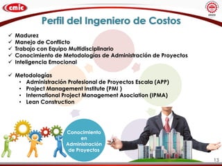 Perfil del Ingeniero de Costos
Conocimiento
en
Administración
de Proyectos
 Madurez
 Manejo de Conflicto
 Trabajo con Equipo Multidisciplinario
 Conocimiento de Metodologías de Administración de Proyectos
 Inteligencia Emocional
 Metodologías
• Administración Profesional de Proyectos Escala (APP)
• Project Management Institute (PMI )
• International Project Management Asociation (IPMA)
• Lean Construction
13
 