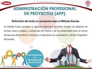 ADMINISTRACIÓN PROFESIONAL
DE PROYECTOS (APP)
Conocimiento
en
Administración
de Proyectos
FUENTE: ADMINISTRACION PROFESIONAL DE PROYECTOS: LA GUIA. CHAMOUN, YAMAL NICOLAS
Definición del éxito en proyectos bajo el Método Escala.
El método Escala considera la siguiente definición del éxito: Cumplir los objetivos de
tiempo, costo y calidad, a satisfacción del cliente y de los involucrados clave al mismo
tiempo que desarrollamos relaciones a largo plazo con proveedores y demás integrantes
del equipo.
61
 