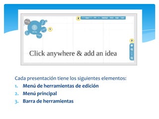 Cada presentación tiene los siguientes elementos:
1. Menú de herramientas de edición
2. Menú principal
3. Barra de herramientas
 