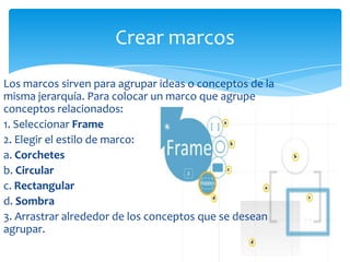 Crear marcos

Los marcos sirven para agrupar ideas o conceptos de la
misma jerarquía. Para colocar un marco que agrupe
conceptos relacionados:
1. Seleccionar Frame
2. Elegir el estilo de marco:
a. Corchetes
b. Circular
c. Rectangular
d. Sombra
3. Arrastrar alrededor de los conceptos que se desean
agrupar.
 