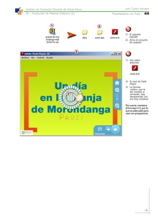 Presentaciones con Prezi -Presentaciones con Prezi -Presentaciones con Prezi -Presentaciones con Prezi -Presentaciones con Prezi - 44
Juan Carlos AsinstenJuan Carlos AsinstenJuan Carlos AsinstenJuan Carlos AsinstenJuan Carlos Asinsten
05 - Producción de Material Didáctico (2)05 - Producción de Material Didáctico (2)05 - Producción de Material Didáctico (2)05 - Producción de Material Didáctico (2)05 - Producción de Material Didáctico (2)
Instituto de Formación Docente de Virtual EducaInstituto de Formación Docente de Virtual EducaInstituto de Formación Docente de Virtual EducaInstituto de Formación Docente de Virtual EducaInstituto de Formación Docente de Virtual Educa
5
6
1 2
1) El paquete
zipeado
2) Arma el conjunto
de carpetas
1) Clic sobre
prezi.exe
2) El visor de Flash
Player
3) La famosa
«zebra» que le
dio nombre al
comando, hoy
desaparecida (no
era muy intuitiva)
Por suerte, mantiene
el formato 4:3, por lo
que es adecuado para
usar con proyectores
3
2
 