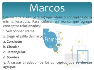 Marcos
Los marcos sirven para agrupar ideas o conceptos de la
misma jerarquía. Para colocar un marco que agrupe
conceptos relacionados:
1. Seleccionar Frame
2. Elegir el estilo de marco:
a. Corchetes
b. Circular
c. Rectangular
d. Sombra
3. Arrastrar alrededor de los conceptos que se desean
agrupar.

 