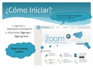¿Cómo Iniciar?
URL para descargar el programa
http://prezi.com/#prezi

1. Ingresar a
http://prezi.com/#prezi
2. Seleccionar Sign up o
Sign up now

Elegir la opción
pública

 