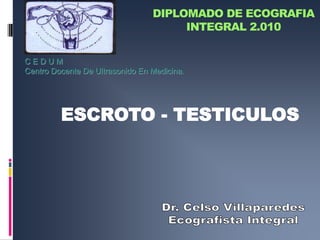 DIPLOMADO DE ECOGRAFIA
INTEGRAL 2.010
CEDUM
Centro Docente De Ultrasonido En Medicina.

ESCROTO - TESTICULOS

 