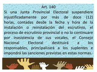 Art. 140
Si una Junta Provincial Electoral suspendiere
injustificadamente por más de doce (12)
horas, contadas desde la fecha y hora de la
instalación o reinstalación del escrutinio, el
proceso de escrutinio provincial o no lo continuare
por inasistencia de sus vocales, el Consejo
Nacional      Electoral     destituirá     a    los
responsables, principalizará a los suplentes e
impondrá las sanciones previstas en estas normas.
 