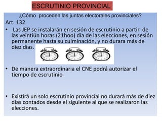 ESCRUTINIO PROVINCIAL
     ¿Cómo proceden las juntas electorales provinciales?
Art. 132
• Las JEP se instalarán en sesión de escrutinio a partir de
  las veintiún horas (21hoo) día de las elecciones, en sesión
  permanente hasta su culminación, y no durara más de
  diez días.


• De manera extraordinaria el CNE podrá autorizar el
  tiempo de escrutinio


• Existirá un solo escrutinio provincial no durará más de diez
  días contados desde el siguiente al que se realizaron las
  elecciones.
 