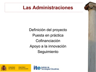 Las Administraciones



  Definición del proyecto
   Puesta en práctica
      Cofinanciación
  Apoyo a la innovación
       Seguimiento
 