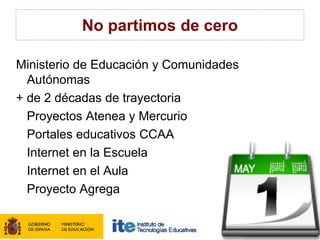 No partimos de cero

Ministerio de Educación y Comunidades
  Autónomas
+ de 2 décadas de trayectoria
  Proyectos Atenea y Mercurio
  Portales educativos CCAA
  Internet en la Escuela
  Internet en el Aula
  Proyecto Agrega
 