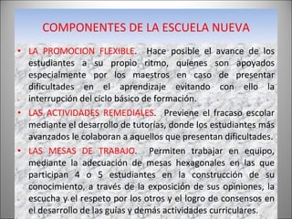 COMPONENTES DE LA ESCUELA NUEVA LA PROMOCION FLEXIBLE .  Hace posible el avance de los estudiantes a su propio ritmo, quienes son apoyados especialmente por los maestros en caso de presentar dificultades en el aprendizaje evitando con ello la interrupción del ciclo básico de formación. LAS ACTIVIDADES REMEDIALES .  Previene el fracaso escolar mediante el desarrollo de tutorías, donde los estudiantes más avanzados le colaboran a aquellos que presentan dificultades. LAS MESAS DE TRABAJO .  Permiten trabajar en equipo, mediante la adecuación de mesas hexagonales en las que participan 4 o 5 estudiantes en la construcción de su conocimiento, a través de la exposición de sus opiniones, la escucha y el respeto por los otros y el logro de consensos en el desarrollo de las guías y demás actividades curriculares. 
