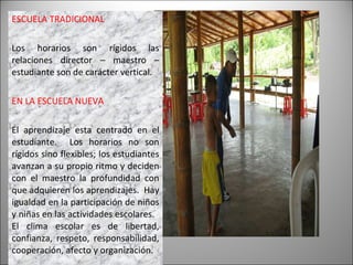 ESCUELA TRADICIONAL Los horarios son rígidos las relaciones director – maestro – estudiante son de carácter vertical. EN LA ESCUELA NUEVA El aprendizaje esta centrado en el estudiante.  Los horarios no son rígidos sino flexibles; los estudiantes avanzan a su propio ritmo y deciden con el maestro la profundidad con que adquieren los aprendizajes.  Hay igualdad en la participación de niños y niñas en las actividades escolares.  El clima escolar es de libertad, confianza, respeto, responsabilidad, cooperación, afecto y organización. 
