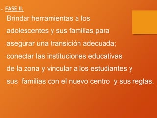 ● FASE II.
Brindar herramientas a los
adolescentes y sus familias para
asegurar una transición adecuada;
conectar las instituciones educativas
de la zona y vincular a los estudiantes y
sus familias con el nuevo centro y sus reglas.
 