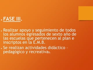 ● FASE III.
● Realizar apoyo y seguimiento de todos
los alumnos egresados de sexto año de
las escuelas que pertenecen al plan e
inscriptos en la E.M.B.
● Se realizan actividades didáctico –
pedagógico y recreativas.
 